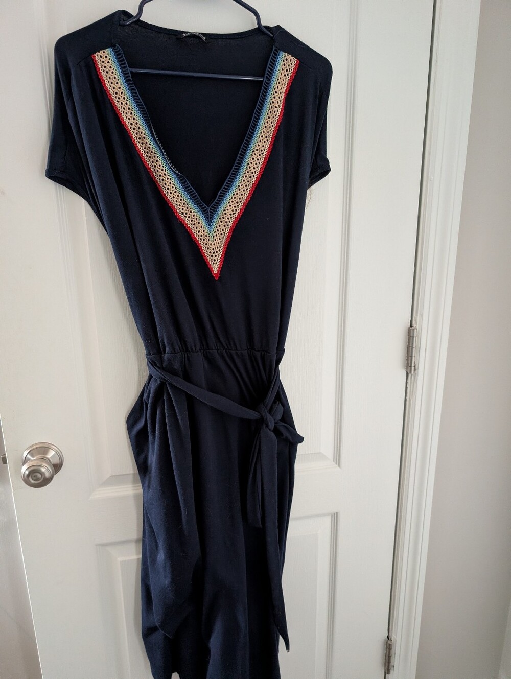 Bloomchic 26 Women's Navy V-Neck Belted Dress with Multicolor Trim